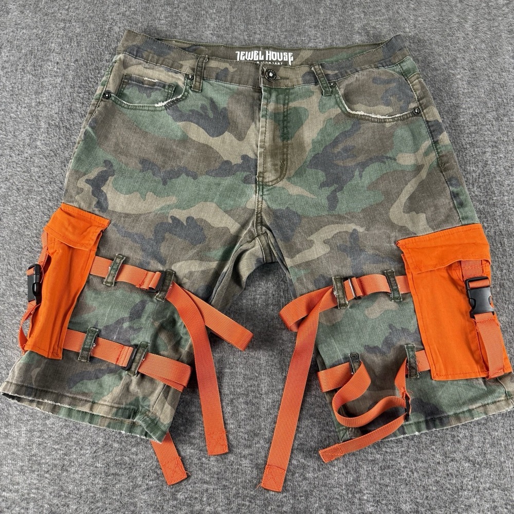 Jewel House Camo Cargo Shorts Mens 35 (Tag 38) Orange Utility Strap Tactical Y2K